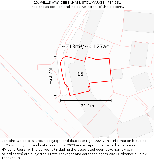 15, WELLS WAY, DEBENHAM, STOWMARKET, IP14 6SL: Plot and title map