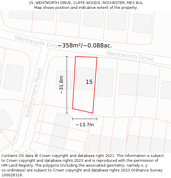 15, WENTWORTH DRIVE, CLIFFE WOODS, ROCHESTER, ME3 8UL: Plot and title map
