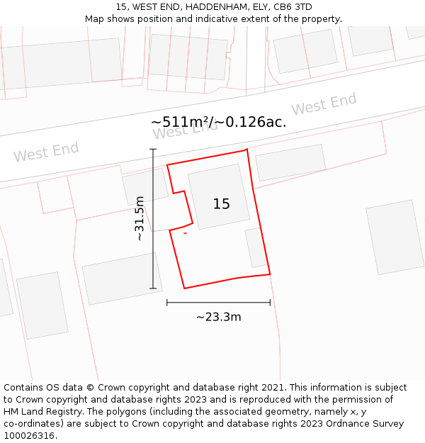 15, WEST END, HADDENHAM, ELY, CB6 3TD: Plot and title map