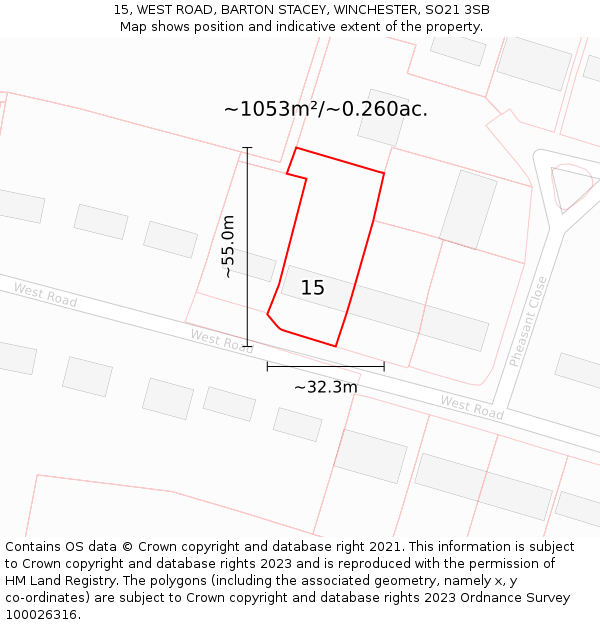 15, WEST ROAD, BARTON STACEY, WINCHESTER, SO21 3SB: Plot and title map
