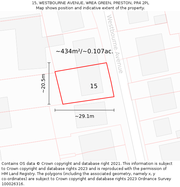 15, WESTBOURNE AVENUE, WREA GREEN, PRESTON, PR4 2PL: Plot and title map