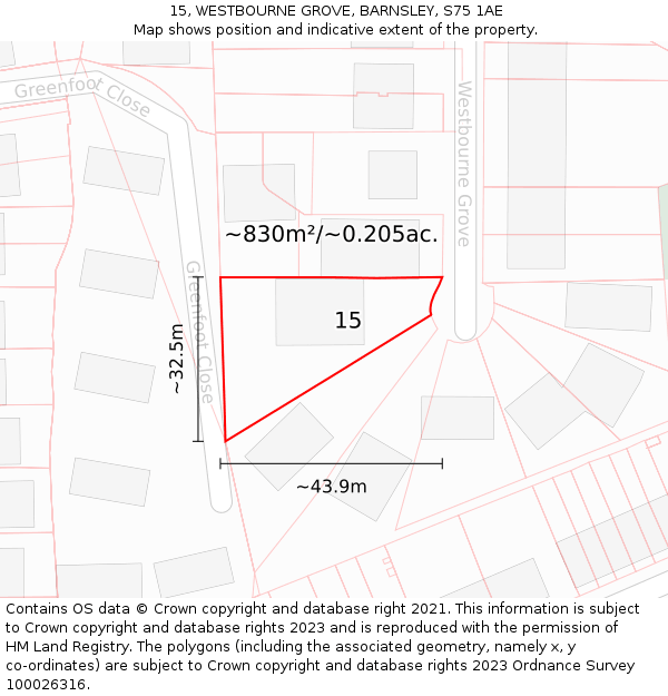 15, WESTBOURNE GROVE, BARNSLEY, S75 1AE: Plot and title map