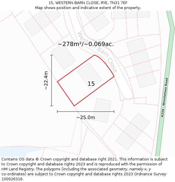 15, WESTERN BARN CLOSE, RYE, TN31 7EF: Plot and title map
