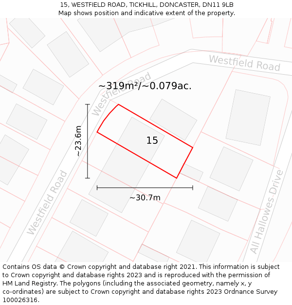 15, WESTFIELD ROAD, TICKHILL, DONCASTER, DN11 9LB: Plot and title map