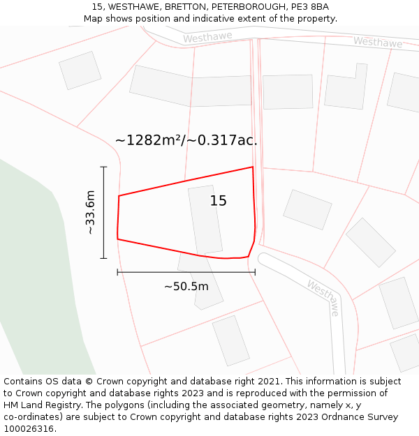 15, WESTHAWE, BRETTON, PETERBOROUGH, PE3 8BA: Plot and title map