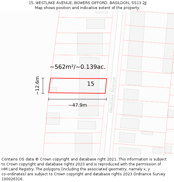 15, WESTLAKE AVENUE, BOWERS GIFFORD, BASILDON, SS13 2JJ: Plot and title map