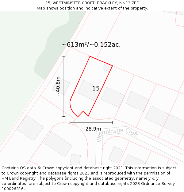 15, WESTMINSTER CROFT, BRACKLEY, NN13 7ED: Plot and title map