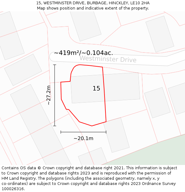 15, WESTMINSTER DRIVE, BURBAGE, HINCKLEY, LE10 2HA: Plot and title map