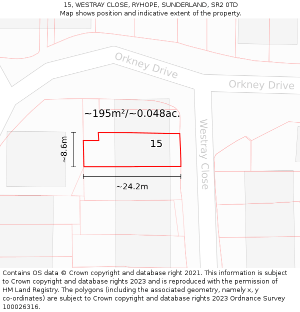 15, WESTRAY CLOSE, RYHOPE, SUNDERLAND, SR2 0TD: Plot and title map
