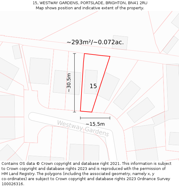 15, WESTWAY GARDENS, PORTSLADE, BRIGHTON, BN41 2RU: Plot and title map
