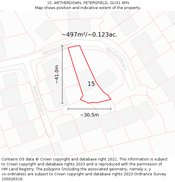 15, WETHERDOWN, PETERSFIELD, GU31 4PN: Plot and title map