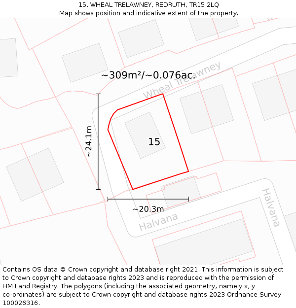 15, WHEAL TRELAWNEY, REDRUTH, TR15 2LQ: Plot and title map
