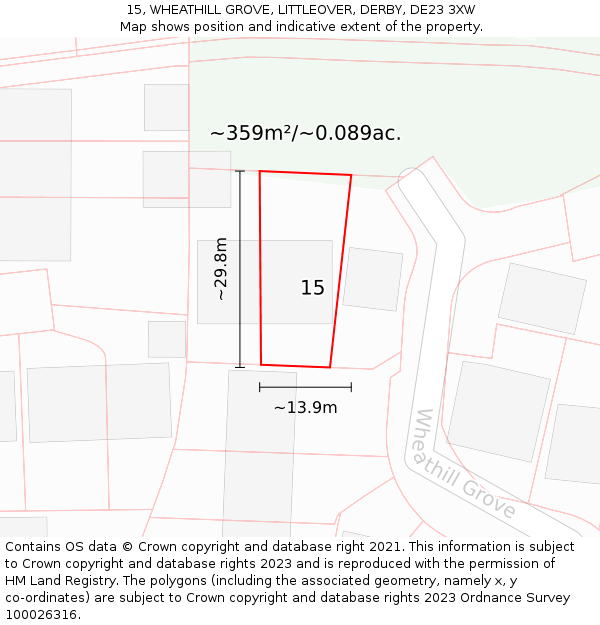15, WHEATHILL GROVE, LITTLEOVER, DERBY, DE23 3XW: Plot and title map