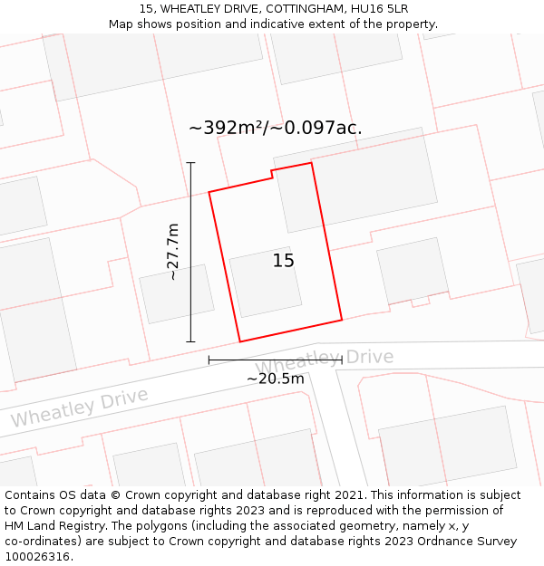 15, WHEATLEY DRIVE, COTTINGHAM, HU16 5LR: Plot and title map