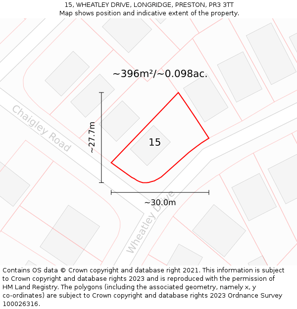 15, WHEATLEY DRIVE, LONGRIDGE, PRESTON, PR3 3TT: Plot and title map