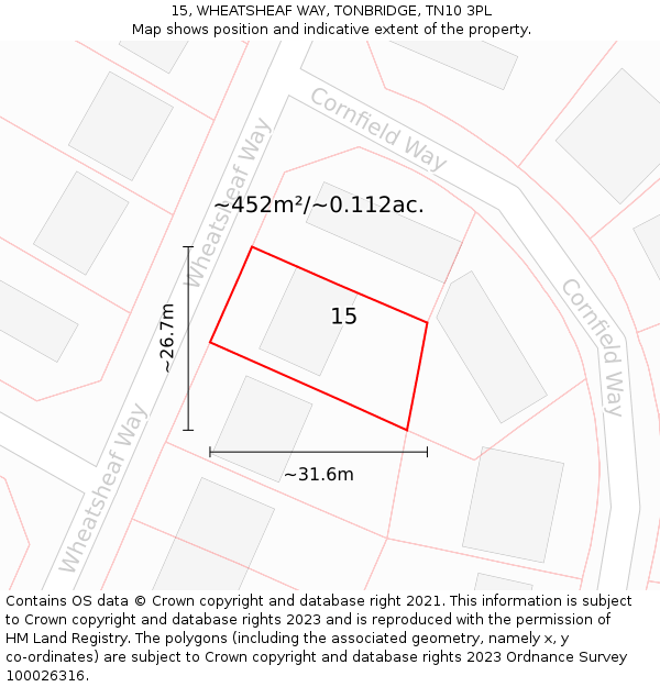 15, WHEATSHEAF WAY, TONBRIDGE, TN10 3PL: Plot and title map