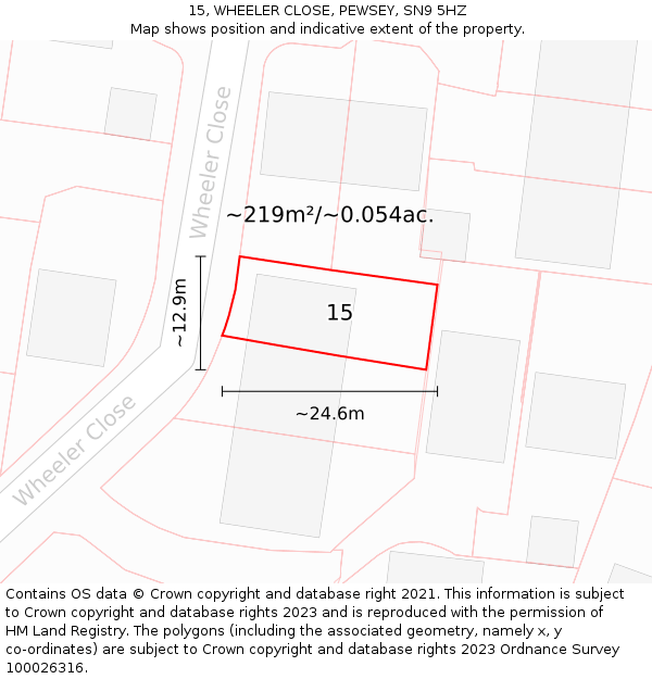 15, WHEELER CLOSE, PEWSEY, SN9 5HZ: Plot and title map