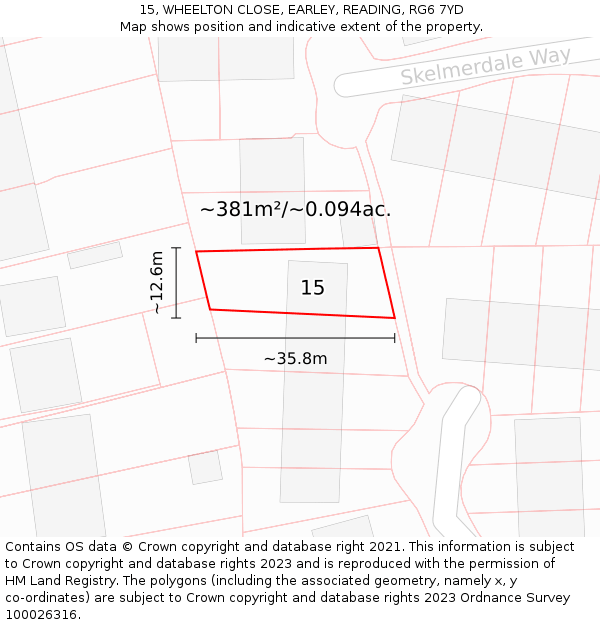 15, WHEELTON CLOSE, EARLEY, READING, RG6 7YD: Plot and title map