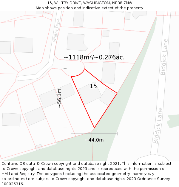 15, WHITBY DRIVE, WASHINGTON, NE38 7NW: Plot and title map