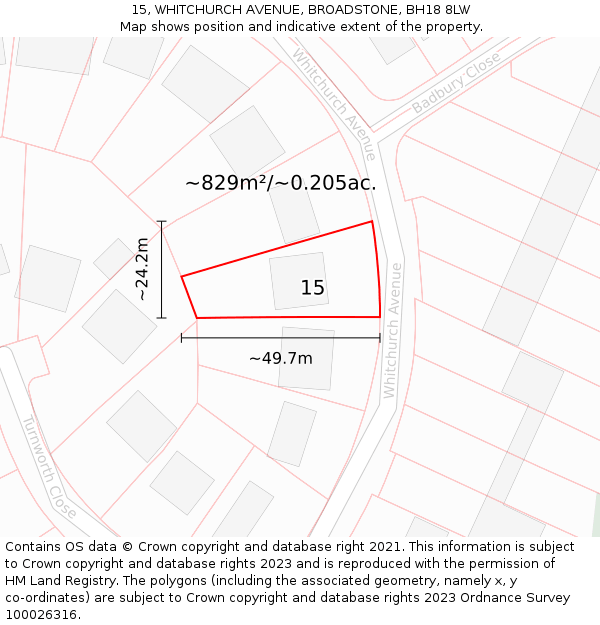 15, WHITCHURCH AVENUE, BROADSTONE, BH18 8LW: Plot and title map