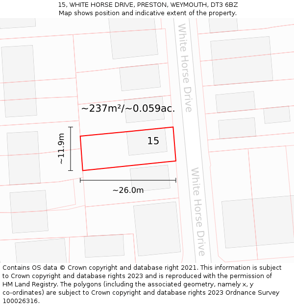 15, WHITE HORSE DRIVE, PRESTON, WEYMOUTH, DT3 6BZ: Plot and title map