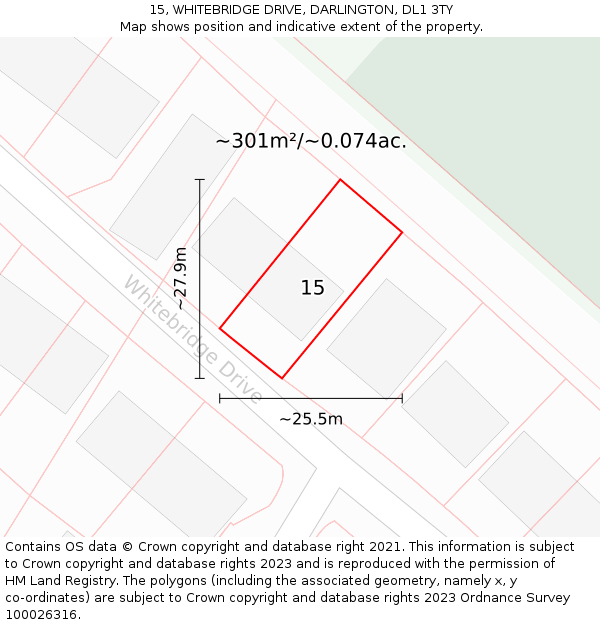 15, WHITEBRIDGE DRIVE, DARLINGTON, DL1 3TY: Plot and title map
