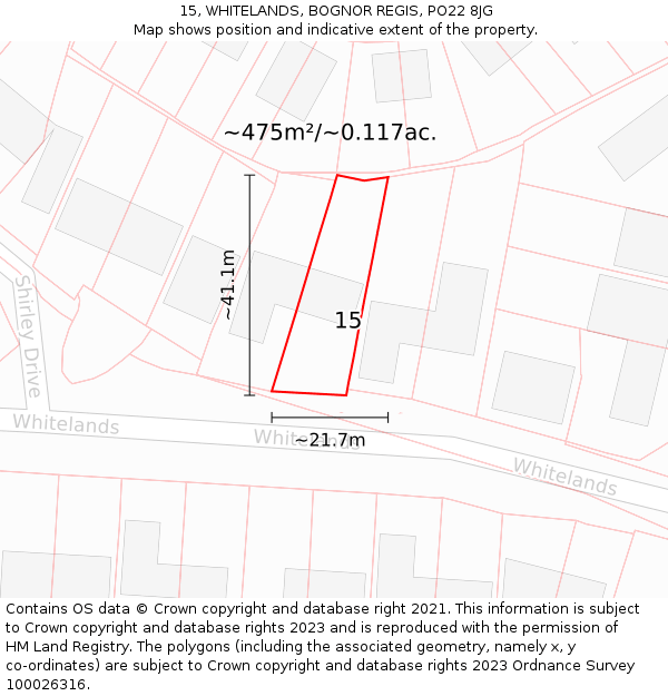 15, WHITELANDS, BOGNOR REGIS, PO22 8JG: Plot and title map