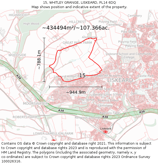 15, WHITLEY GRANGE, LISKEARD, PL14 6DQ: Plot and title map