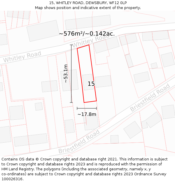15, WHITLEY ROAD, DEWSBURY, WF12 0LP: Plot and title map