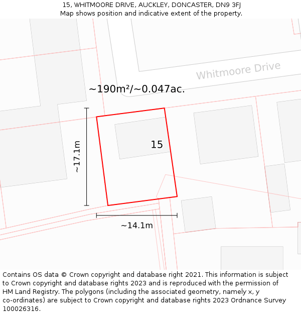 15, WHITMOORE DRIVE, AUCKLEY, DONCASTER, DN9 3FJ: Plot and title map