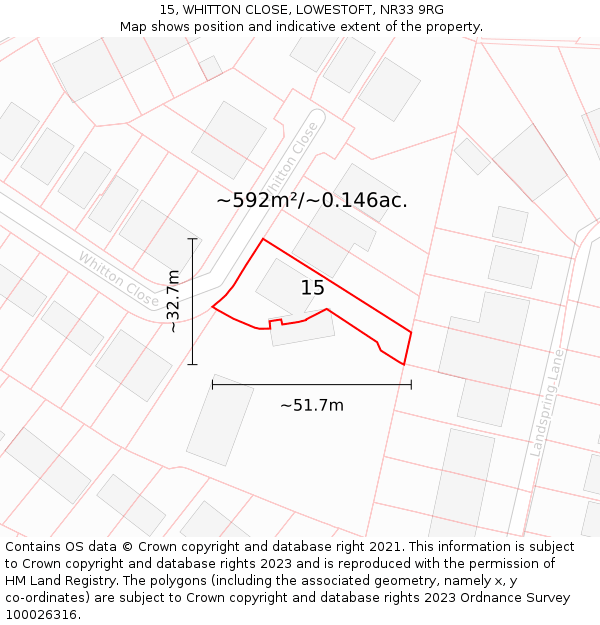 15, WHITTON CLOSE, LOWESTOFT, NR33 9RG: Plot and title map