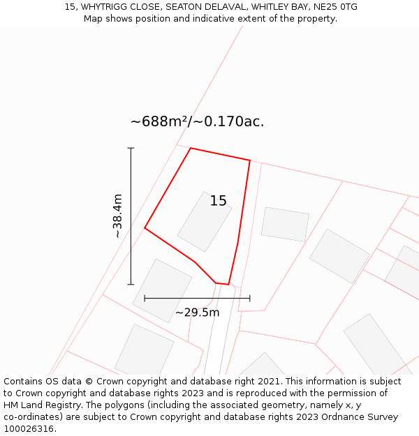 15, WHYTRIGG CLOSE, SEATON DELAVAL, WHITLEY BAY, NE25 0TG: Plot and title map