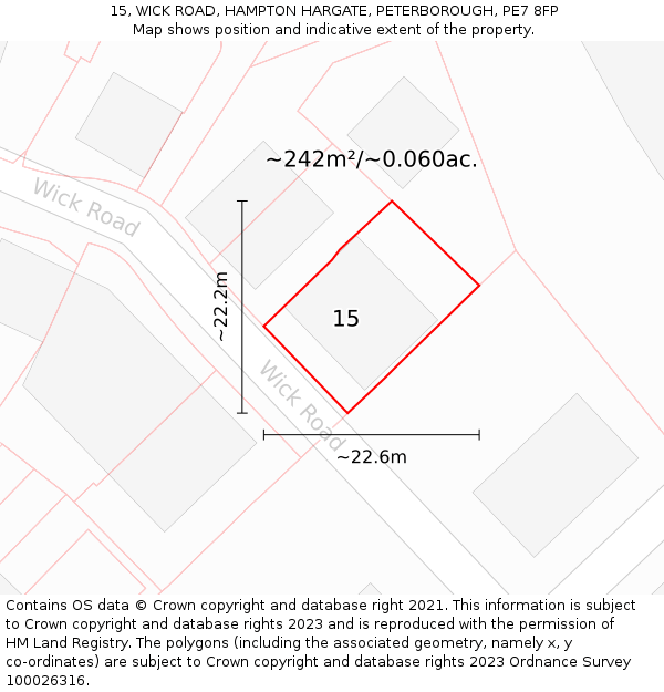 15, WICK ROAD, HAMPTON HARGATE, PETERBOROUGH, PE7 8FP: Plot and title map