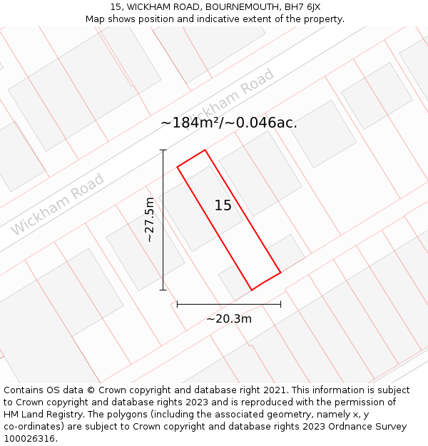 15, WICKHAM ROAD, BOURNEMOUTH, BH7 6JX: Plot and title map