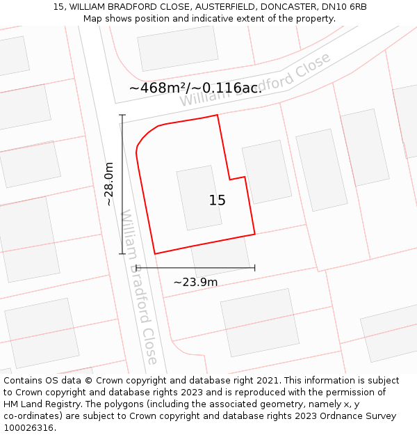 15, WILLIAM BRADFORD CLOSE, AUSTERFIELD, DONCASTER, DN10 6RB: Plot and title map