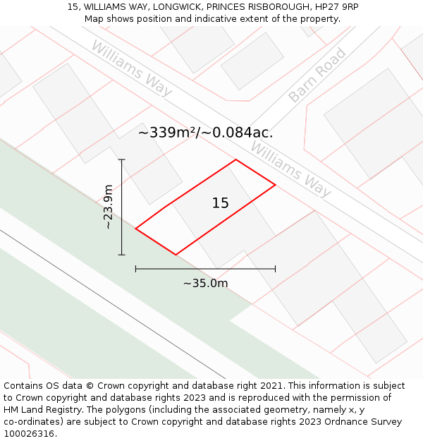 15, WILLIAMS WAY, LONGWICK, PRINCES RISBOROUGH, HP27 9RP: Plot and title map