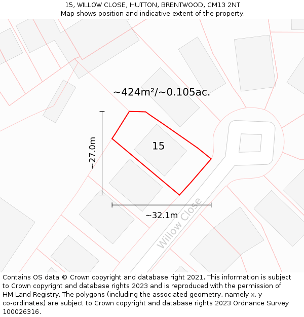 15, WILLOW CLOSE, HUTTON, BRENTWOOD, CM13 2NT: Plot and title map