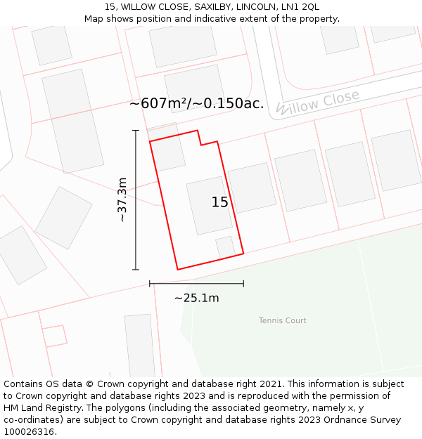 15, WILLOW CLOSE, SAXILBY, LINCOLN, LN1 2QL: Plot and title map