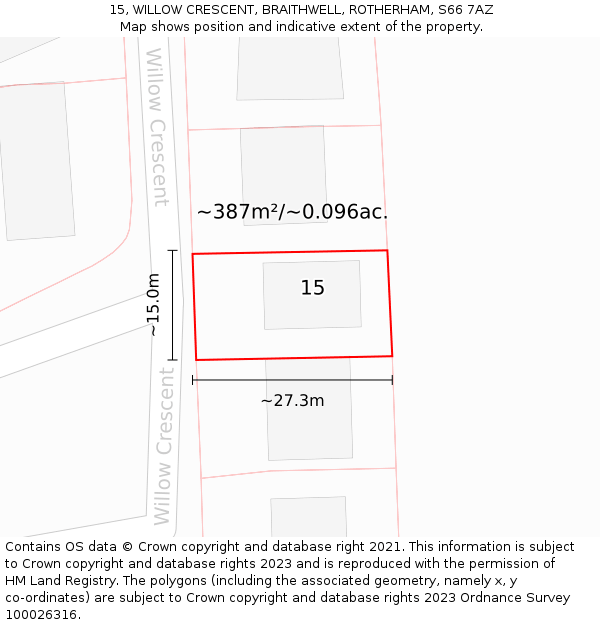 15, WILLOW CRESCENT, BRAITHWELL, ROTHERHAM, S66 7AZ: Plot and title map