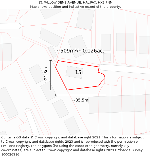 15, WILLOW DENE AVENUE, HALIFAX, HX2 7NN: Plot and title map