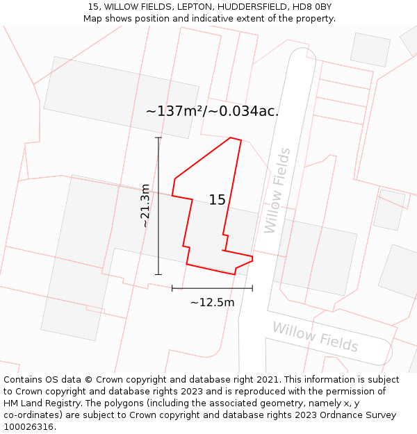 15, WILLOW FIELDS, LEPTON, HUDDERSFIELD, HD8 0BY: Plot and title map