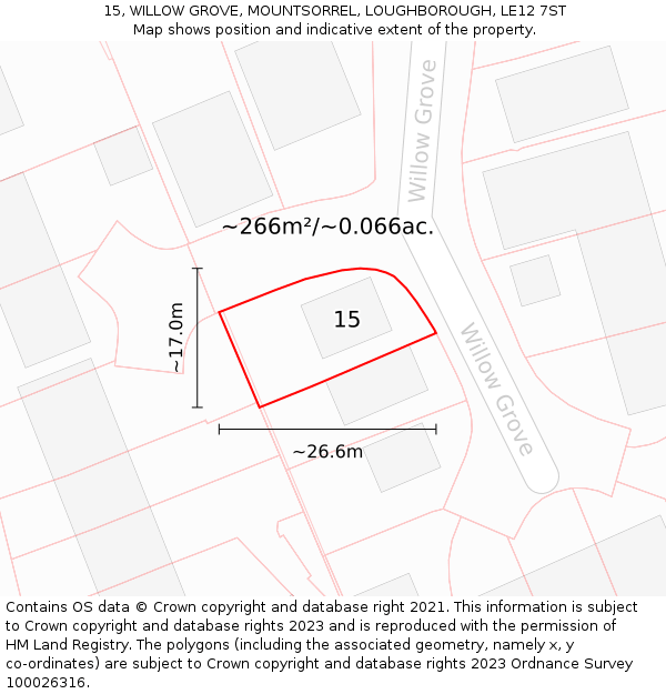 15, WILLOW GROVE, MOUNTSORREL, LOUGHBOROUGH, LE12 7ST: Plot and title map