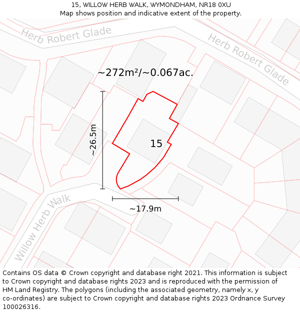15, WILLOW HERB WALK, WYMONDHAM, NR18 0XU: Plot and title map