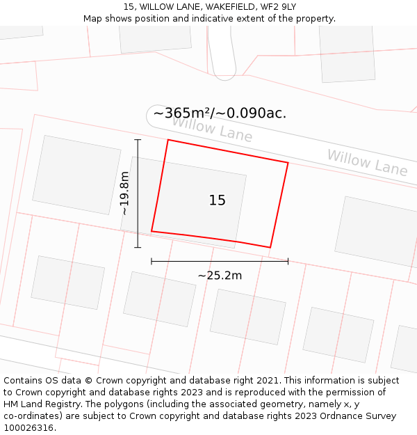 15, WILLOW LANE, WAKEFIELD, WF2 9LY: Plot and title map