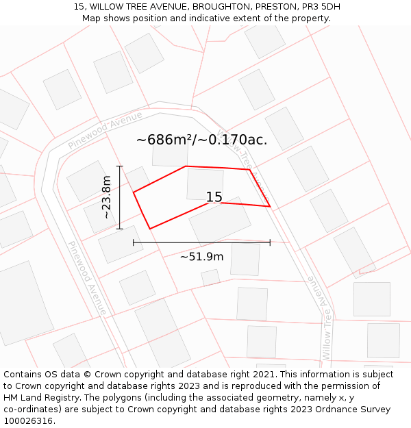 15, WILLOW TREE AVENUE, BROUGHTON, PRESTON, PR3 5DH: Plot and title map