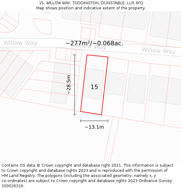 15, WILLOW WAY, TODDINGTON, DUNSTABLE, LU5 6FD: Plot and title map