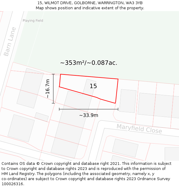 15, WILMOT DRIVE, GOLBORNE, WARRINGTON, WA3 3YB: Plot and title map