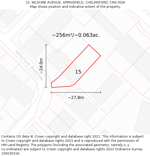 15, WILSHIRE AVENUE, SPRINGFIELD, CHELMSFORD, CM2 6QW: Plot and title map