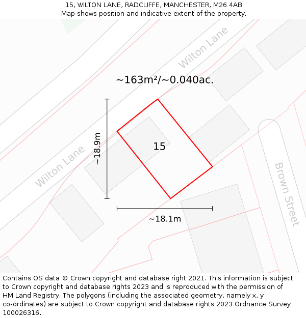15, WILTON LANE, RADCLIFFE, MANCHESTER, M26 4AB: Plot and title map