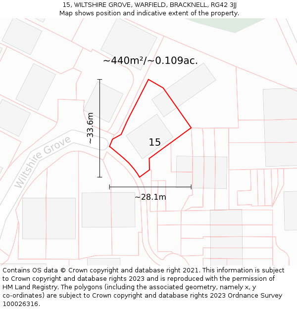 15, WILTSHIRE GROVE, WARFIELD, BRACKNELL, RG42 3JJ: Plot and title map